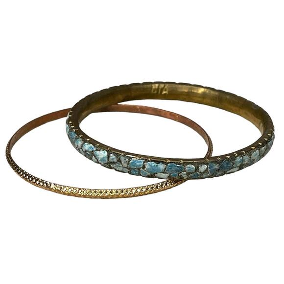 Vintage Brass & Turquoise Chip Bracelet Bangle Set Brass Bracelet Made In India - Picture 2 of 8